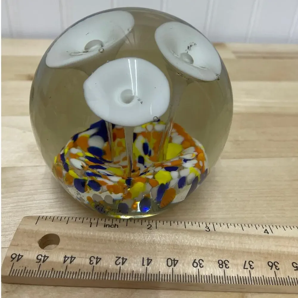 Art Glass Paper Weight White Mushrooms in Colorful Rock Bed Good Condition